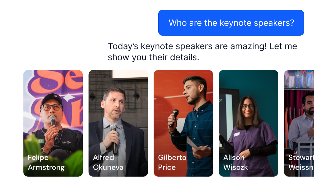 event ai feature of host answering questions related to keynote speakers.