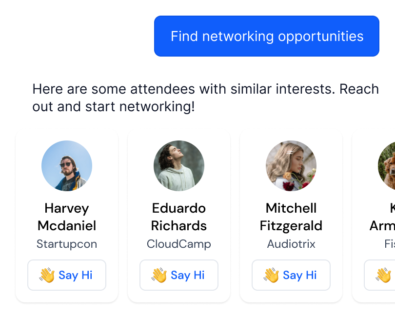 event ai feature of host answering questions related to finding networking opportunities.