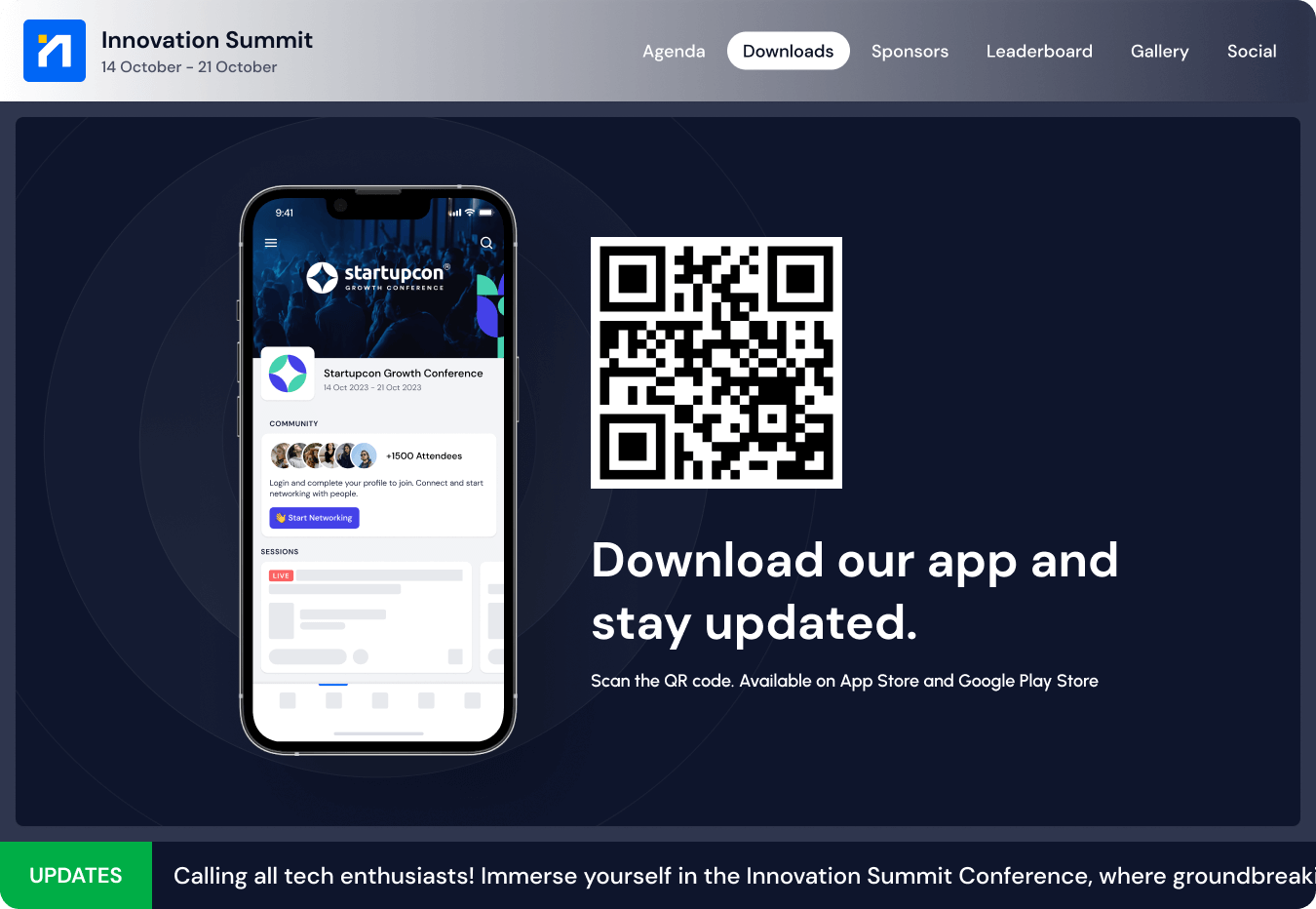 Mobile phone displaying Startupcon Growth Conference app interface next to a QR code and text encouraging users to download the app and stay updated.