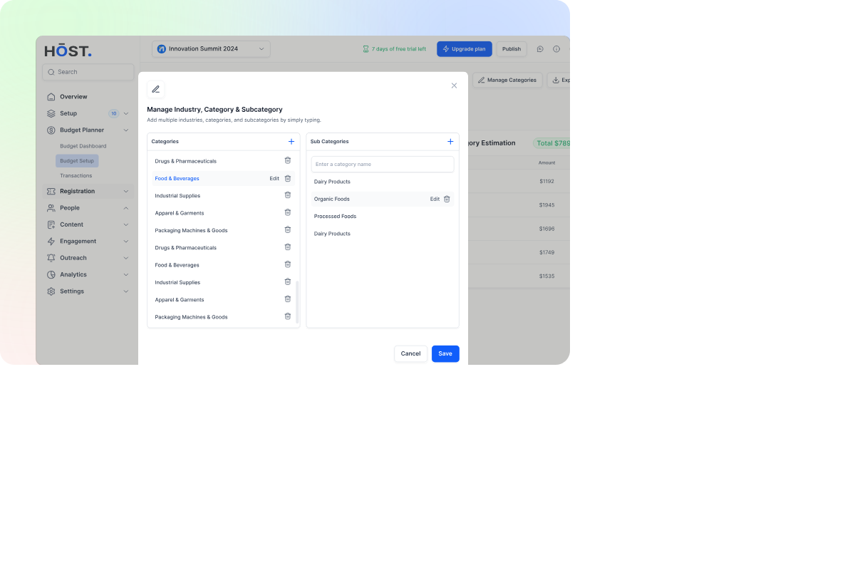 Event Budget Management Software dashboard showing template feature