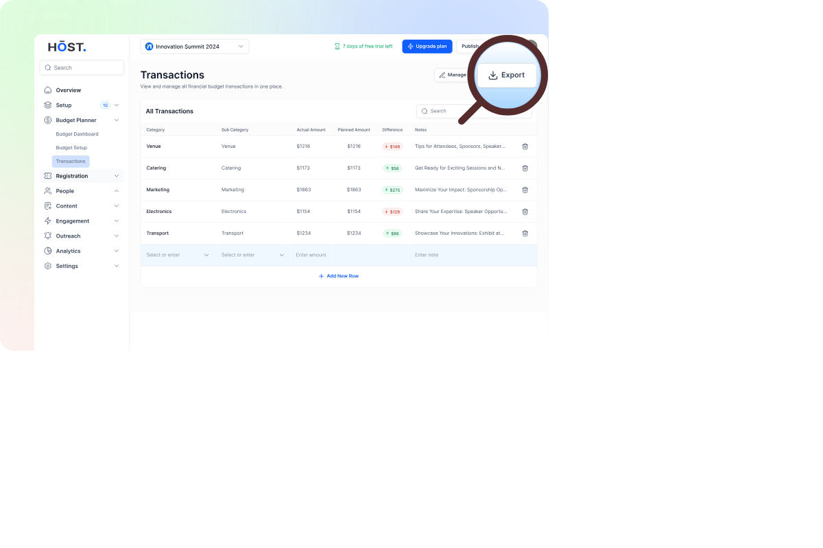 mockup showing dashboard for easy export for event budgeting feature of host