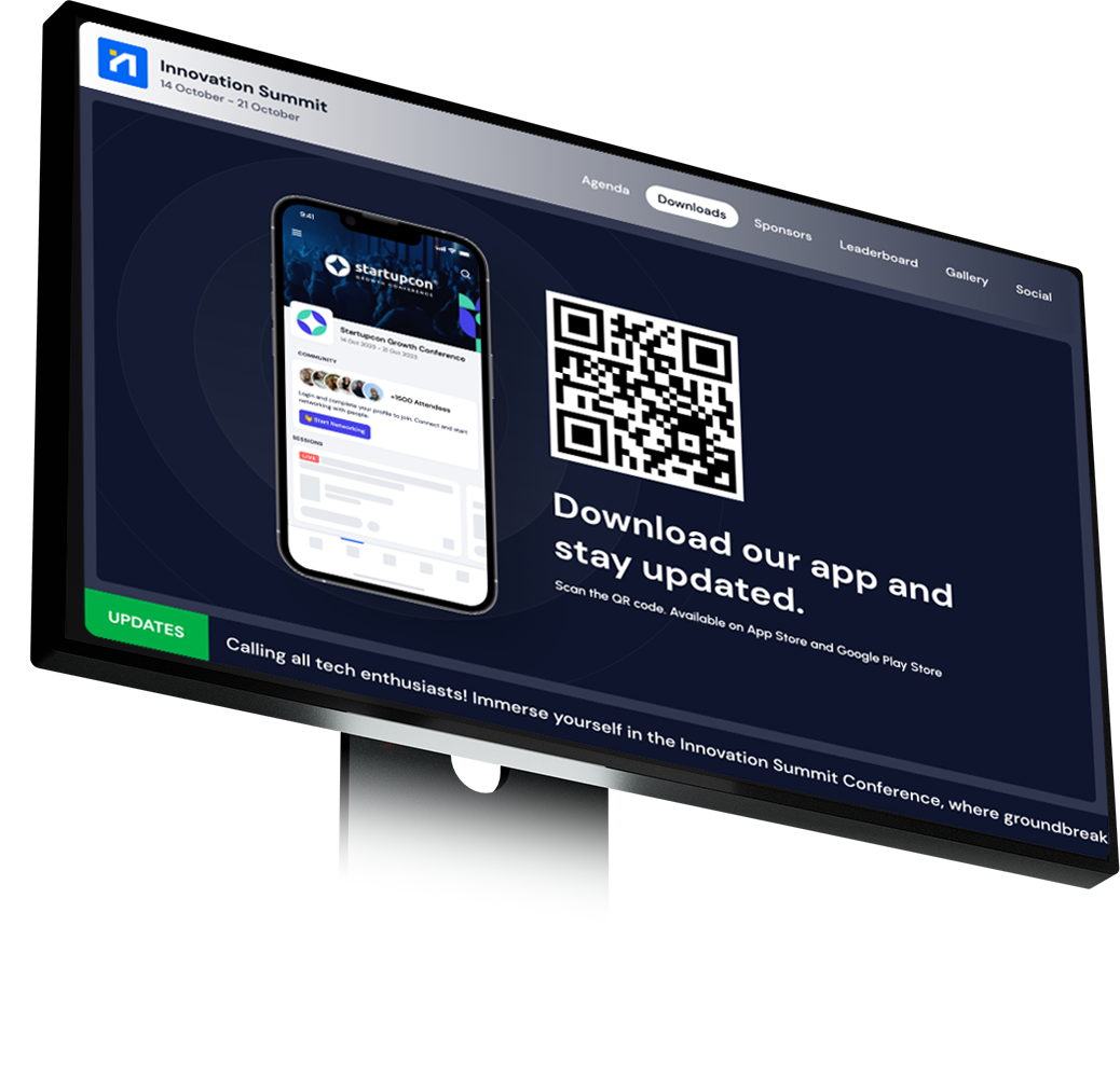 Computer monitor displaying Innovation Summit app download page with QR code and mobile phone showing Startupcon Growth Conference details.