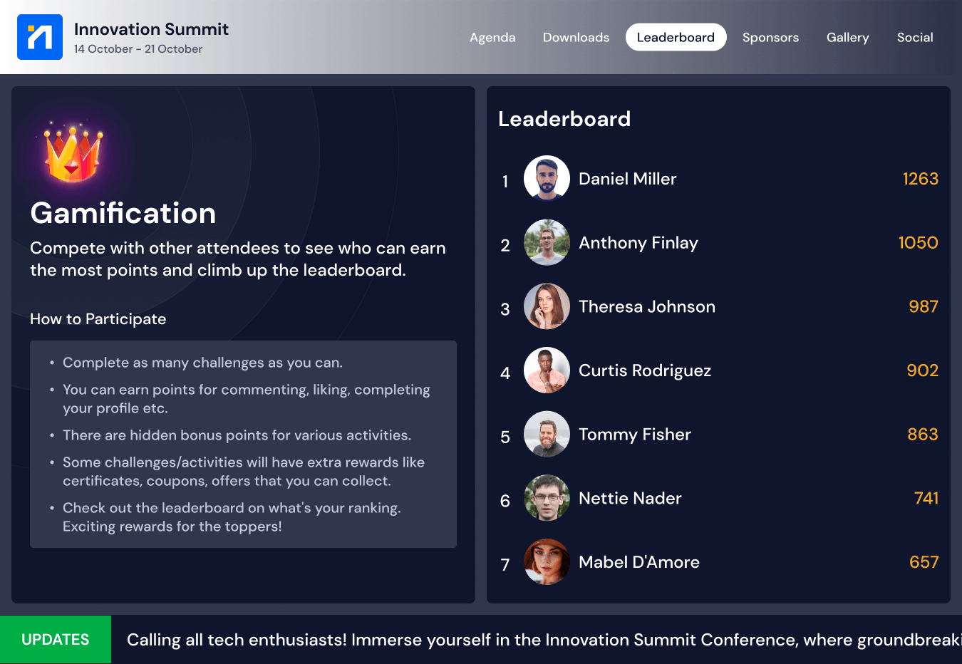 Innovation Summit leaderboard showing top seven participants with points and instructions for gamification challenges.