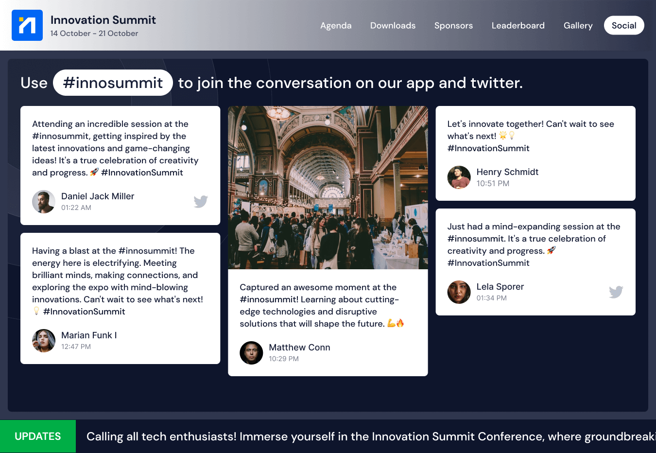 Social media feed for Innovation Summit with attendee comments and a photo of people exploring an exhibition in a large ornate hall.
