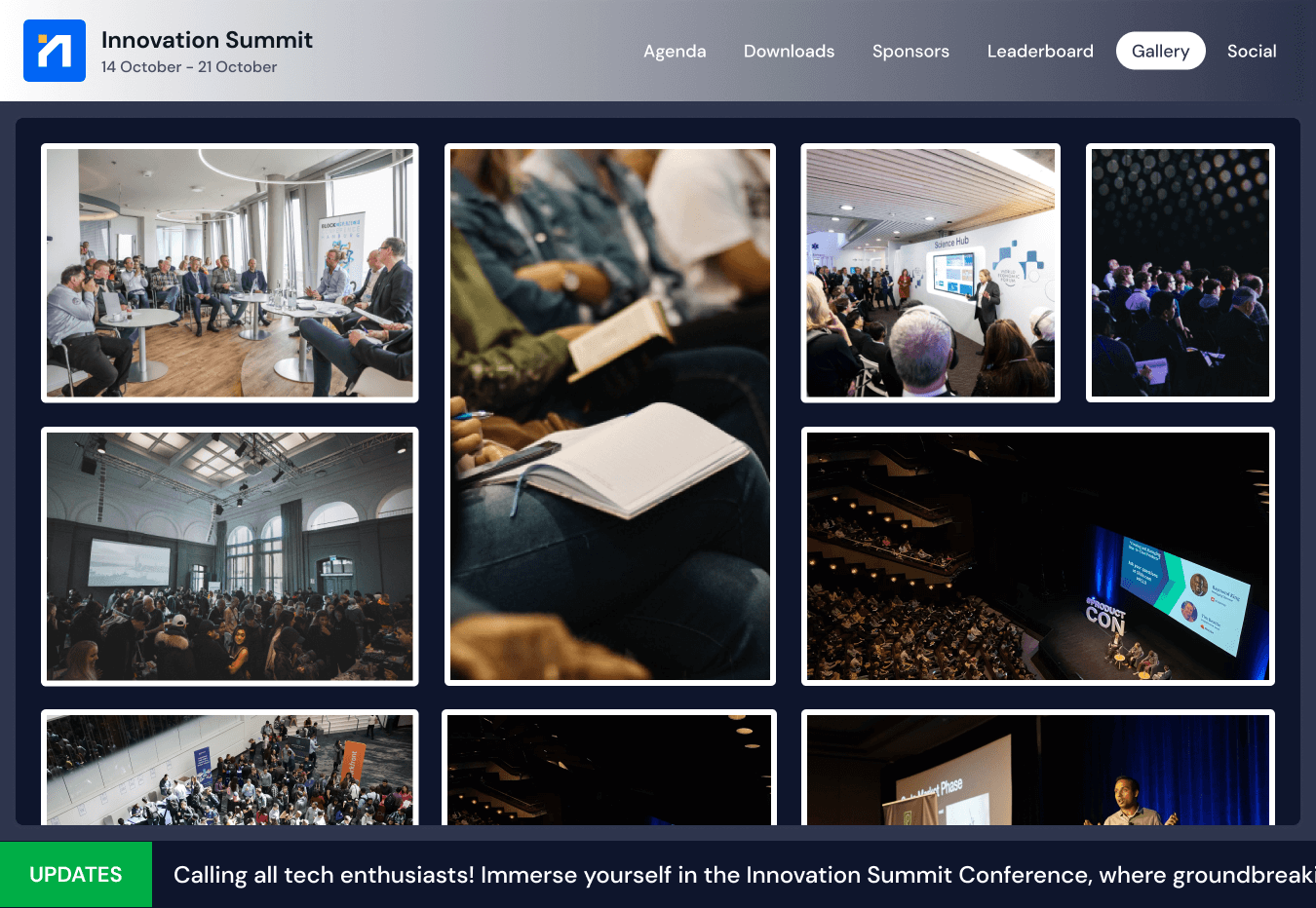Gallery of images showing various scenes from the Innovation Summit including panels, audiences, speakers, and conference networking.