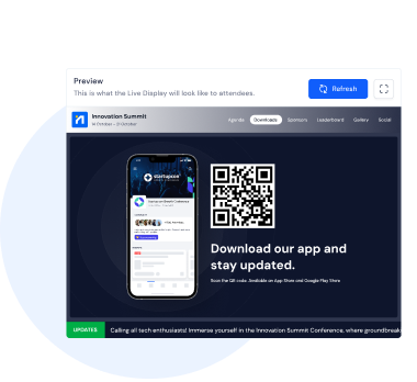 Preview screen showing an Innovation Summit app on a smartphone next to a QR code with a prompt to download the app from app stores.