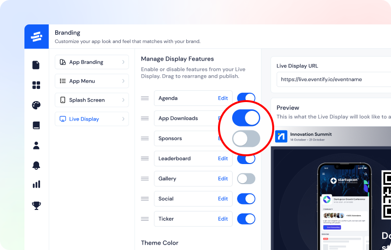 User interface showing branding settings with options to manage live display features including toggles for agenda, app downloads, sponsors, leaderboard, gallery, social, and ticker.