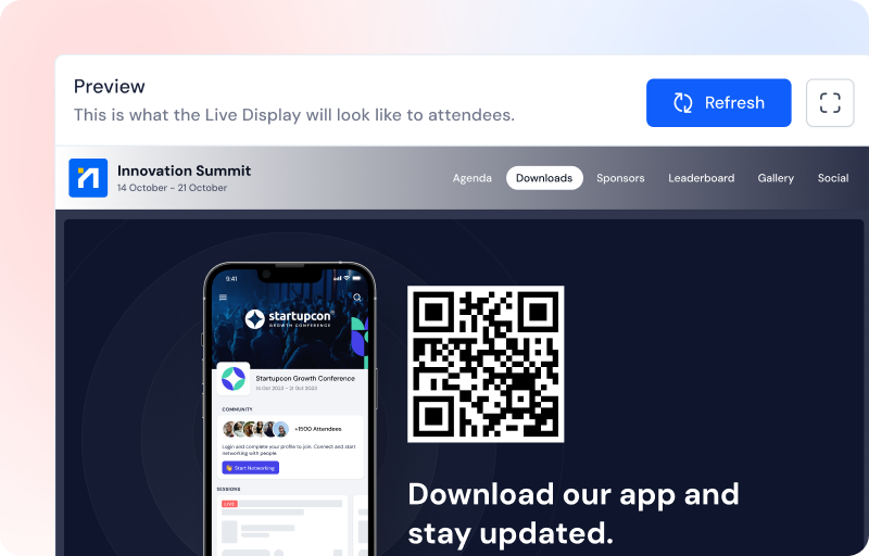 Preview of Innovation Summit's live display showing a phone with the Startupcon app, a QR code, and text inviting users to download the app to stay updated.