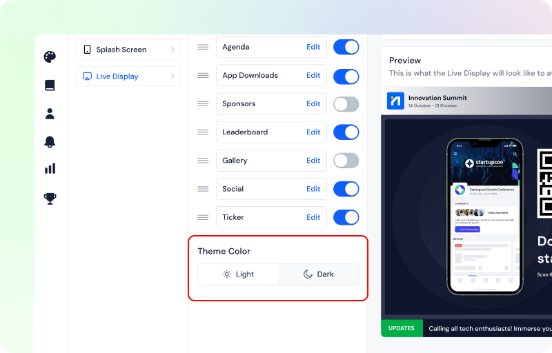 App interface for customizing event features with toggles for Agenda, App Downloads, Sponsors, Leaderboard, Gallery, Social, and Ticker, plus theme color selection between Light and Dark.