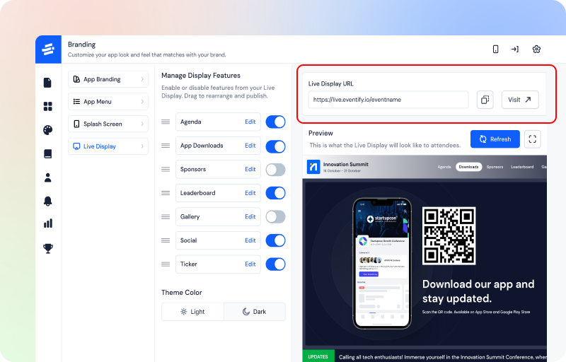 User interface of a Branding customization panel showing Live Display settings with toggles for features like Agenda, App Downloads, Sponsors, and a preview of a mobile event app with a QR code.