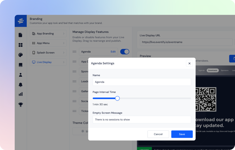 App interface showing branding settings with Agenda settings window open, including name field, page interval time slider set to 1 min 30 sec, and empty screen message input.