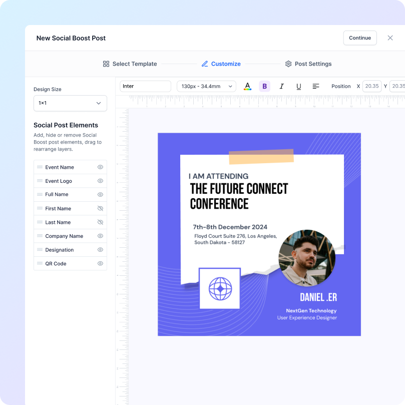 Interface of a social post editor showing a design for 'The Future Connect Conference' event on December 7-8, 2024, with a photo of a man and details including NextGen Technology and User Experience Designer.