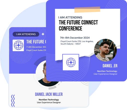 Event attendance confirmation card for The Future Connect Conference on December 7-8, 2024, featuring Daniel Jack Miller, User Experience Designer at NextGen Technology, with his photo.