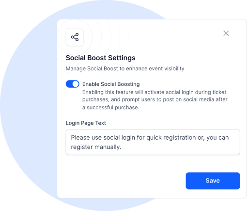 Settings window for Social Boost with an enabled toggle, description of social login activation, a text box for login page text, and a blue Save button.