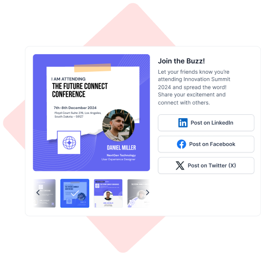 Digital conference badge for The Future Connect Conference on December 7-8, 2024 in Los Angeles, featuring attendee Daniel Miller, User Experience Designer, with options to share attendance on LinkedIn, Facebook, and Twitter.