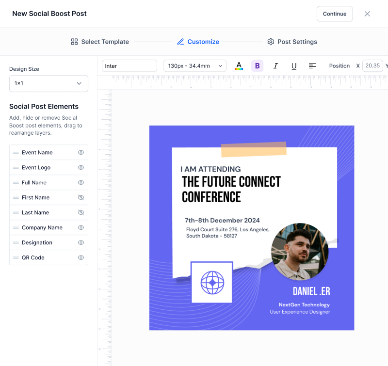 Social media post editor interface showing a customizable design for The Future Connect Conference on December 7-8, 2024, with a photo of a man and text details including name Daniel Er, company NextGen Technology, and title User Experience Designer.