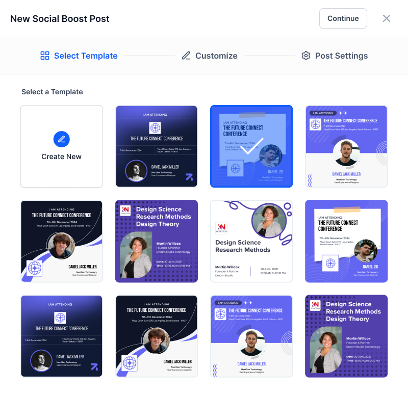 User interface of a social media post creation tool showing a selection of event-themed post templates with speaker photos and conference details.