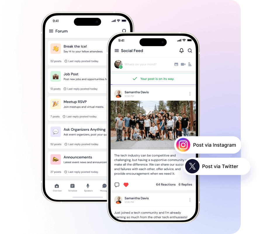 mobile mockup showing event community and social networking screen