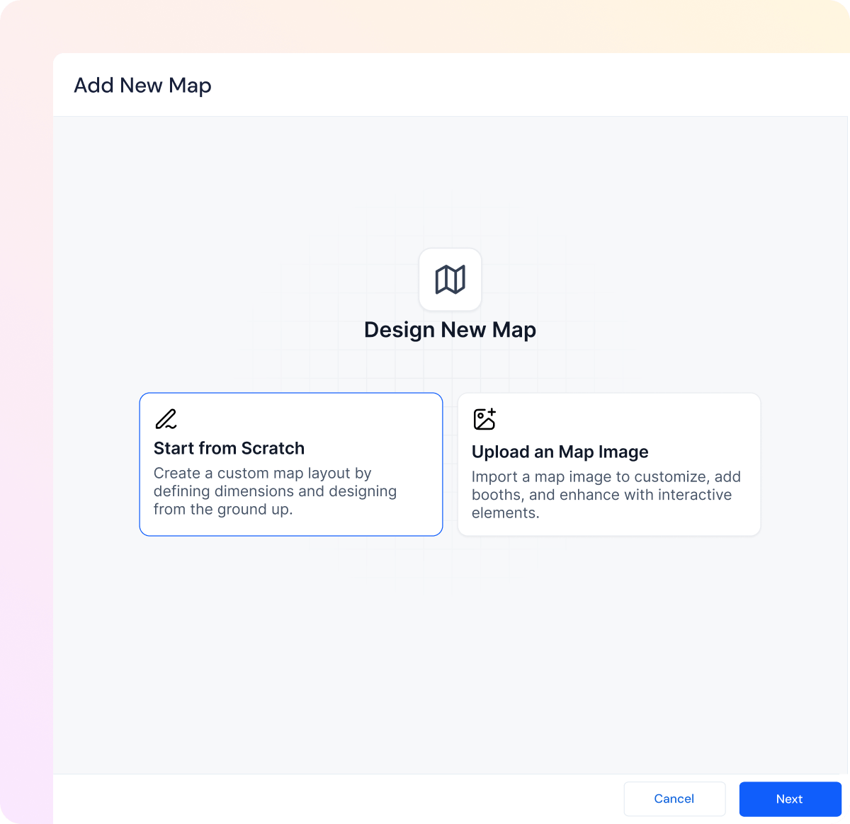 Interface screen titled Add New Map offering two options: Start from Scratch to create a custom map layout, or Upload a Map Image to customize an imported map.