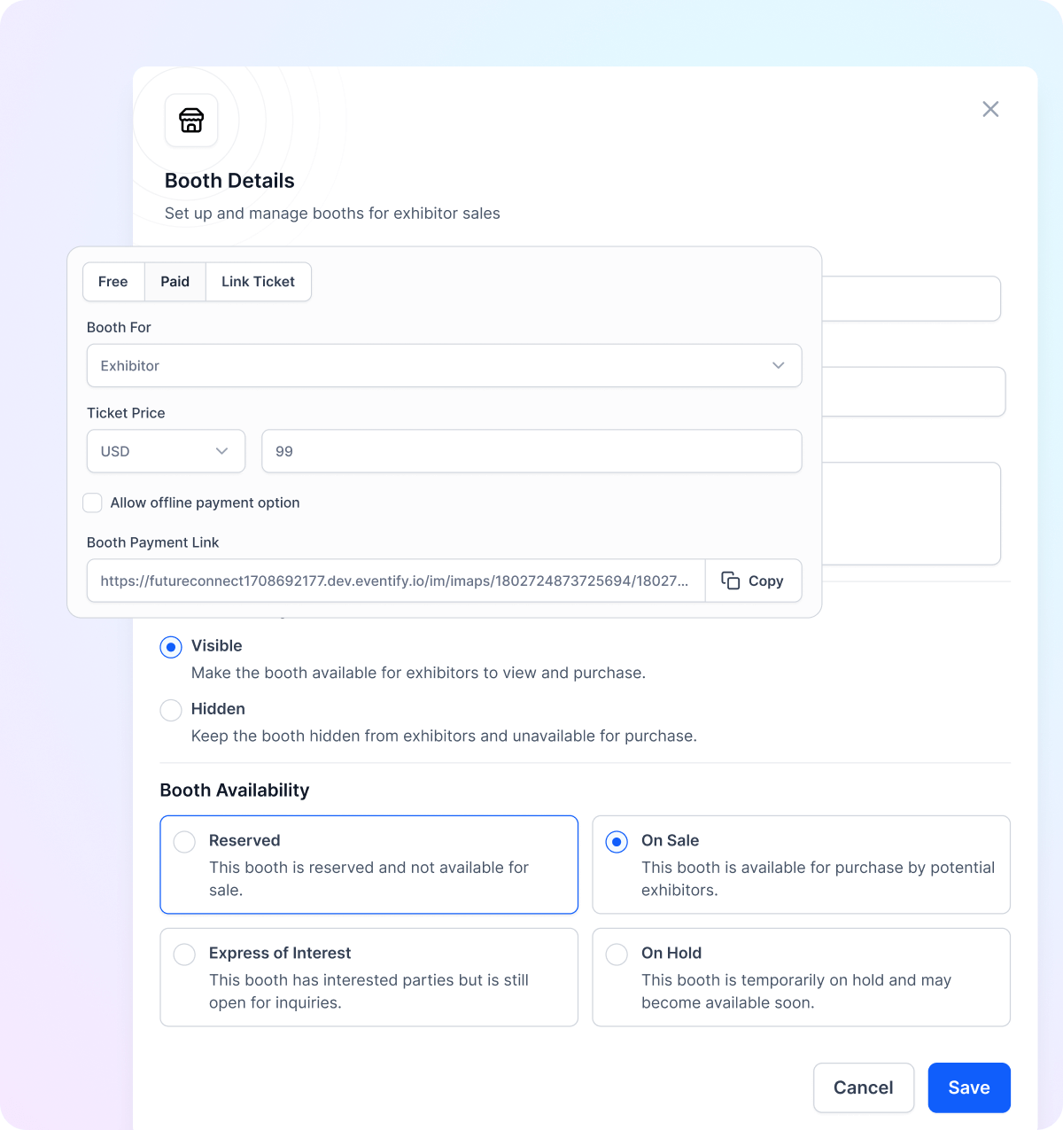User interface for setting up and managing exhibitor booth details with pricing, visibility, and availability options, including free, paid, and link ticket tabs.