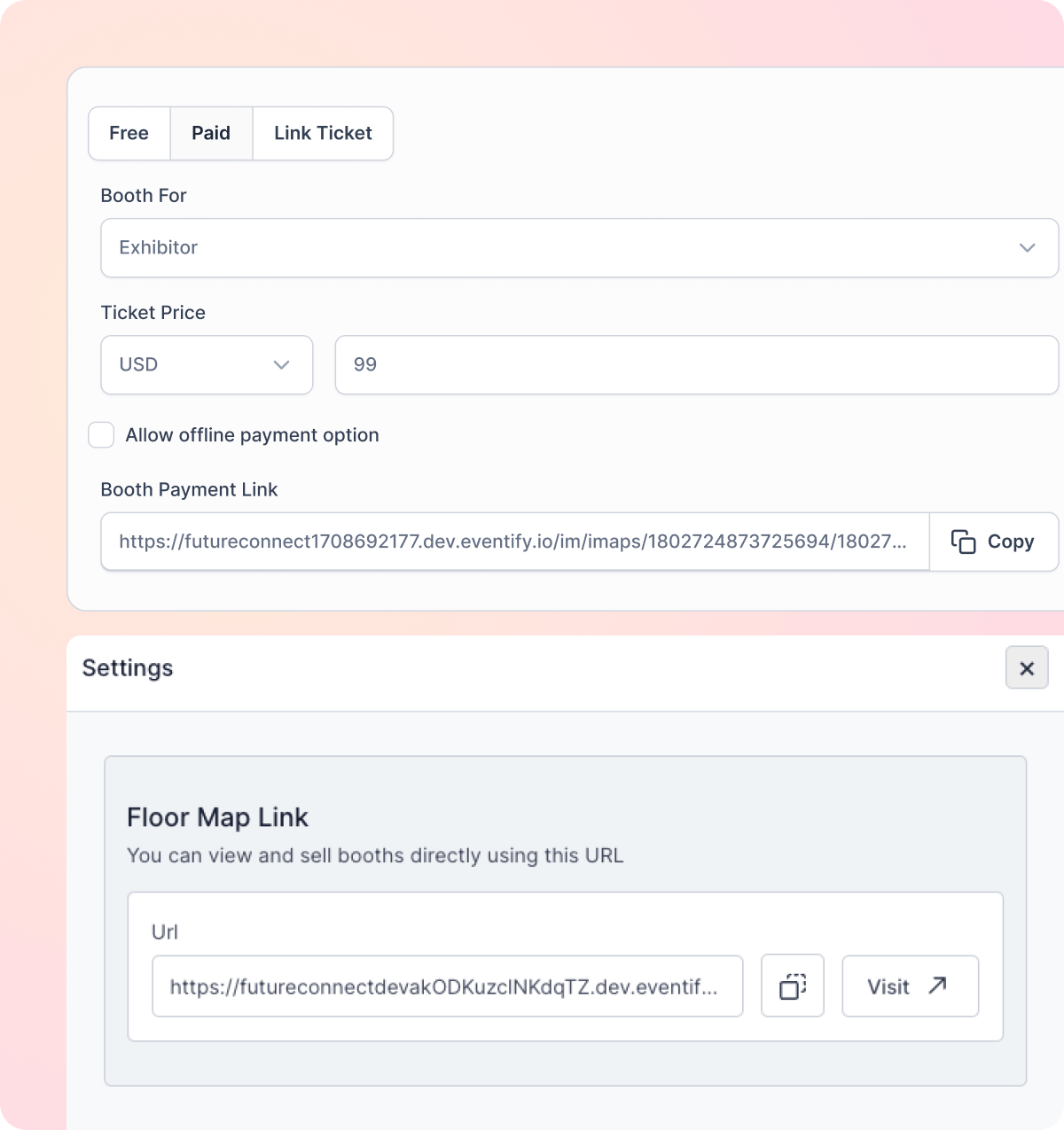 User interface showing ticket setup with options for free, paid, or linked ticket; fields for exhibitor booth, USD 99 price, offline payment toggle, booth payment link with copy button, and a settings panel with a floor map URL and visit button.