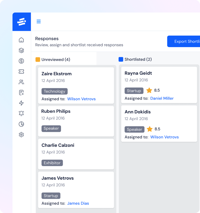 User interface showing a responses dashboard with unreviewed and shortlisted candidates, their roles, assignment details, and ratings.