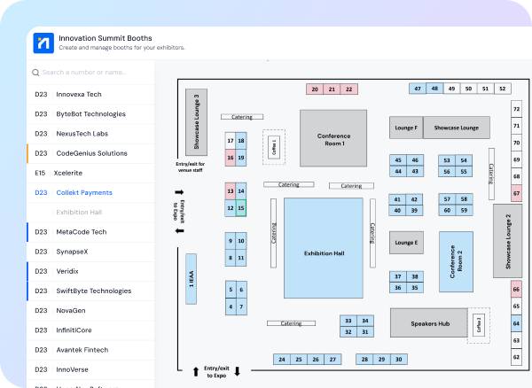 Floor plan of Innovation Summit booths with labeled areas: Exhibition Hall center, Conference Rooms, Speaker Lounge, Showcase Lounge, Catering spots, and numbered booths for various tech exhibitors.