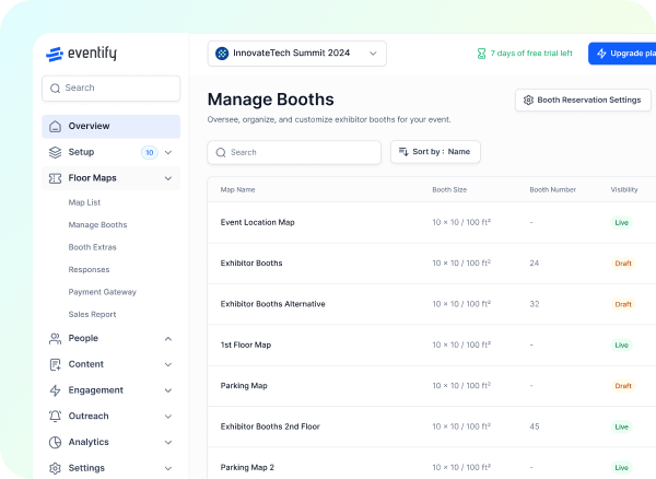 HOST Manage Booths interface showing a list of map names with booth sizes, booth numbers, and visibility status for InnovateTech Summit 2024.
