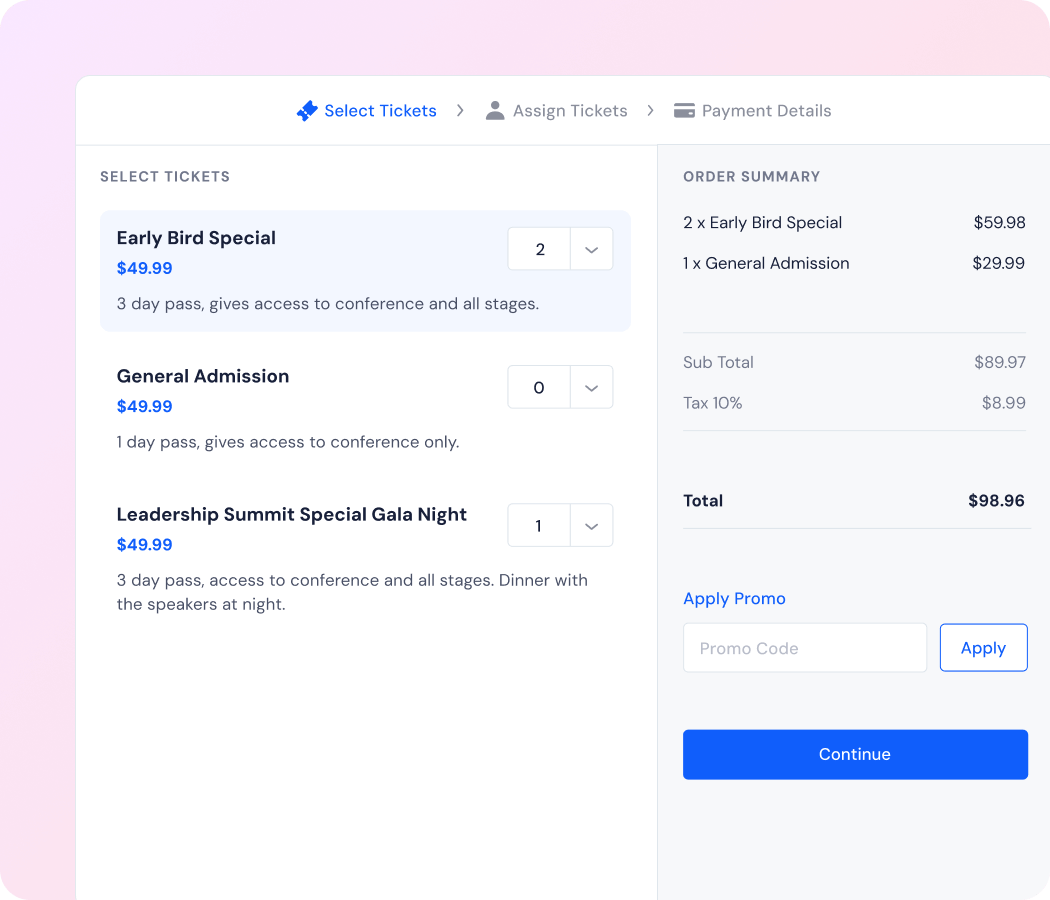 Ticket selection interface showing options for Early Bird Special, General Admission, and Leadership Summit Special Gala Night with quantities selected and an order summary displaying totals and a promo code input.