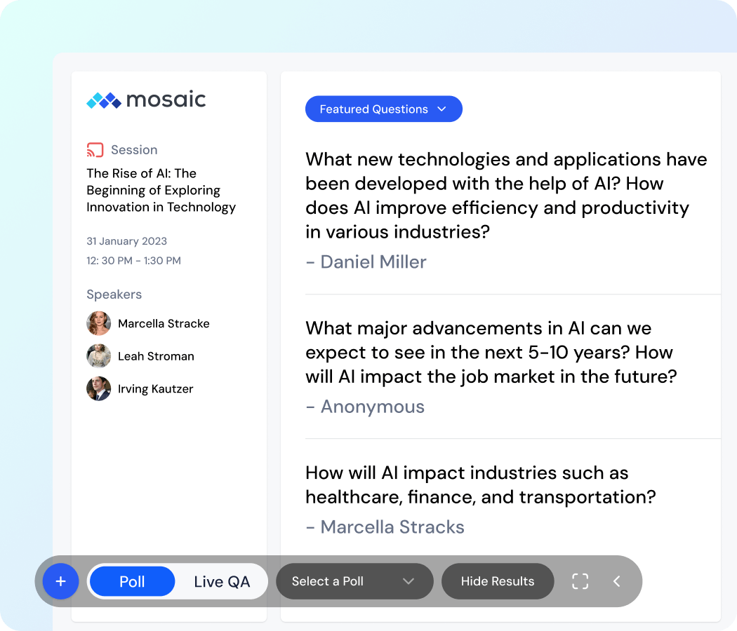 Mosaic event details showing session titled 'The Rise of AI: The Beginning of Exploring Innovation in Technology' on 31 January 2023, 12:30 PM to 1:30 PM, with speakers Marcella Stracke, Leah Stroman, and Irving Kautzer. Featured questions include impacts of AI on new technologies, job market, and industries like healthcare and finance.