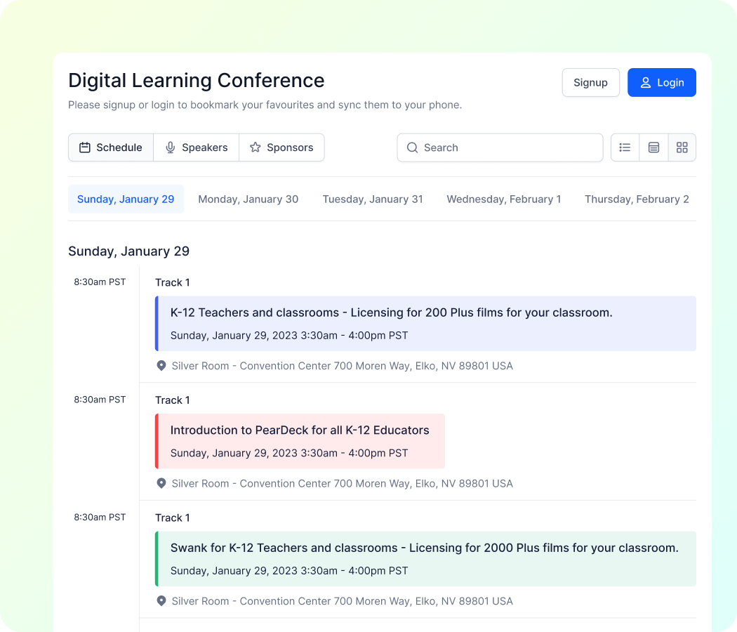 Digital Learning Conference schedule page showing events for Sunday, January 29, with sessions on licensing films and introduction to PearDeck for K-12 educators in Silver Room.
