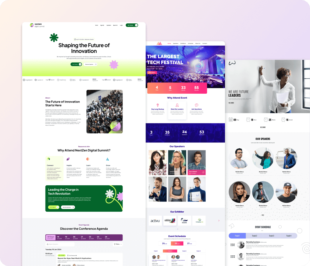 Three webpages showcasing digital and tech conference events with schedules, speakers, and event details.