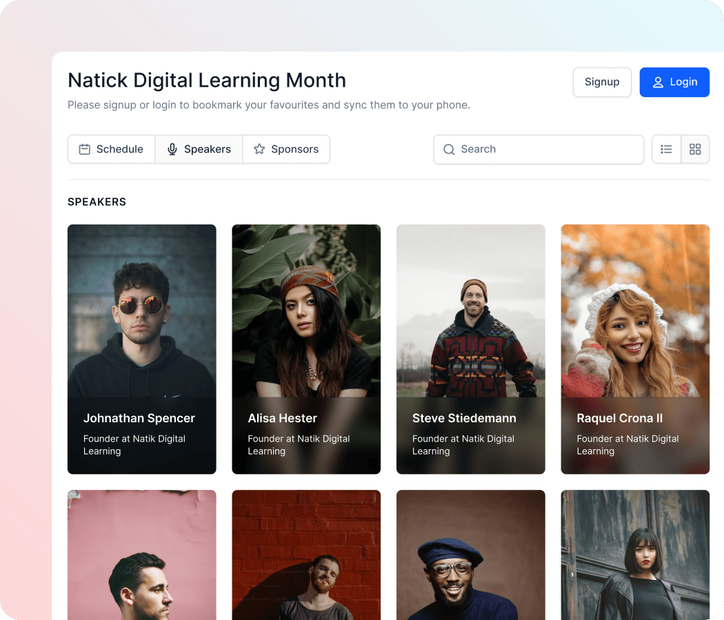 Natick Digital Learning Month webpage showing speakers including Johnathan Spencer, Alisa Hester, Steve Stiedemann, and Raquel Crona II with photos and founder titles.