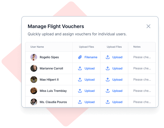 Interface panel titled 'Manage Flight Vouchers' showing a list of user names with options to upload files and notes for each user.