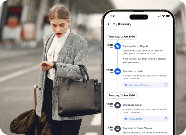 Woman in business attire standing on a street with luggage, next to a phone screen showing a detailed travel itinerary with airport pick-up, hotel transfer, welcome lunch, and event transfer on January 12, 2026.