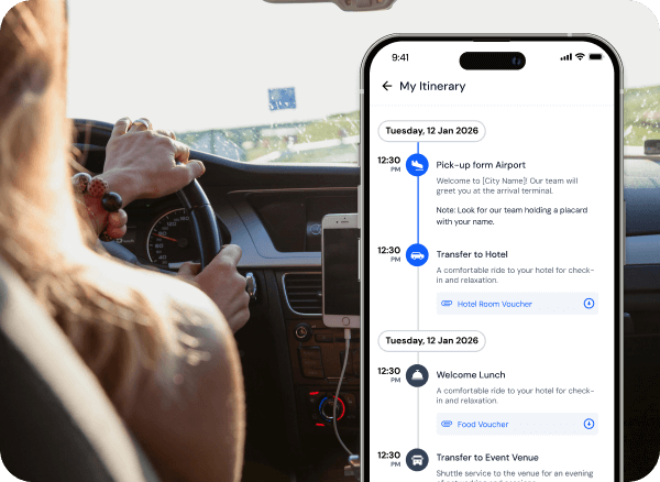 Smartphone screen displaying a travel itinerary for January 12, 2026, while a person holds a steering wheel in a car.