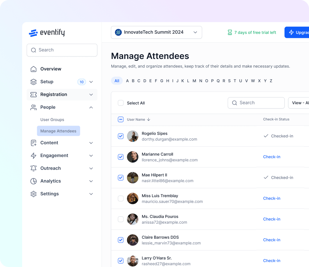 HOST dashboard showing Manage Attendees page for InnovateTech Summit 2024 with attendee names, emails, profile pictures, selection checkboxes, and check-in statuses.