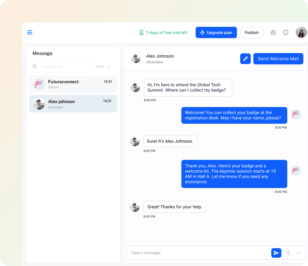 Chat interface showing a conversation where Alex Johnson asks about badge collection for the Global Tech Summit and receives information on registration desk and keynote session time.