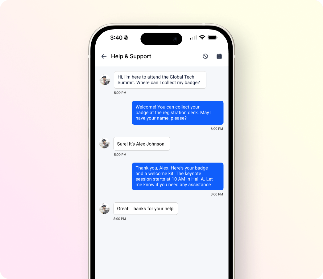 Chat screen on a smartphone showing a Help & Support conversation about collecting a badge for the Global Tech Summit with instructions and a welcome kit.