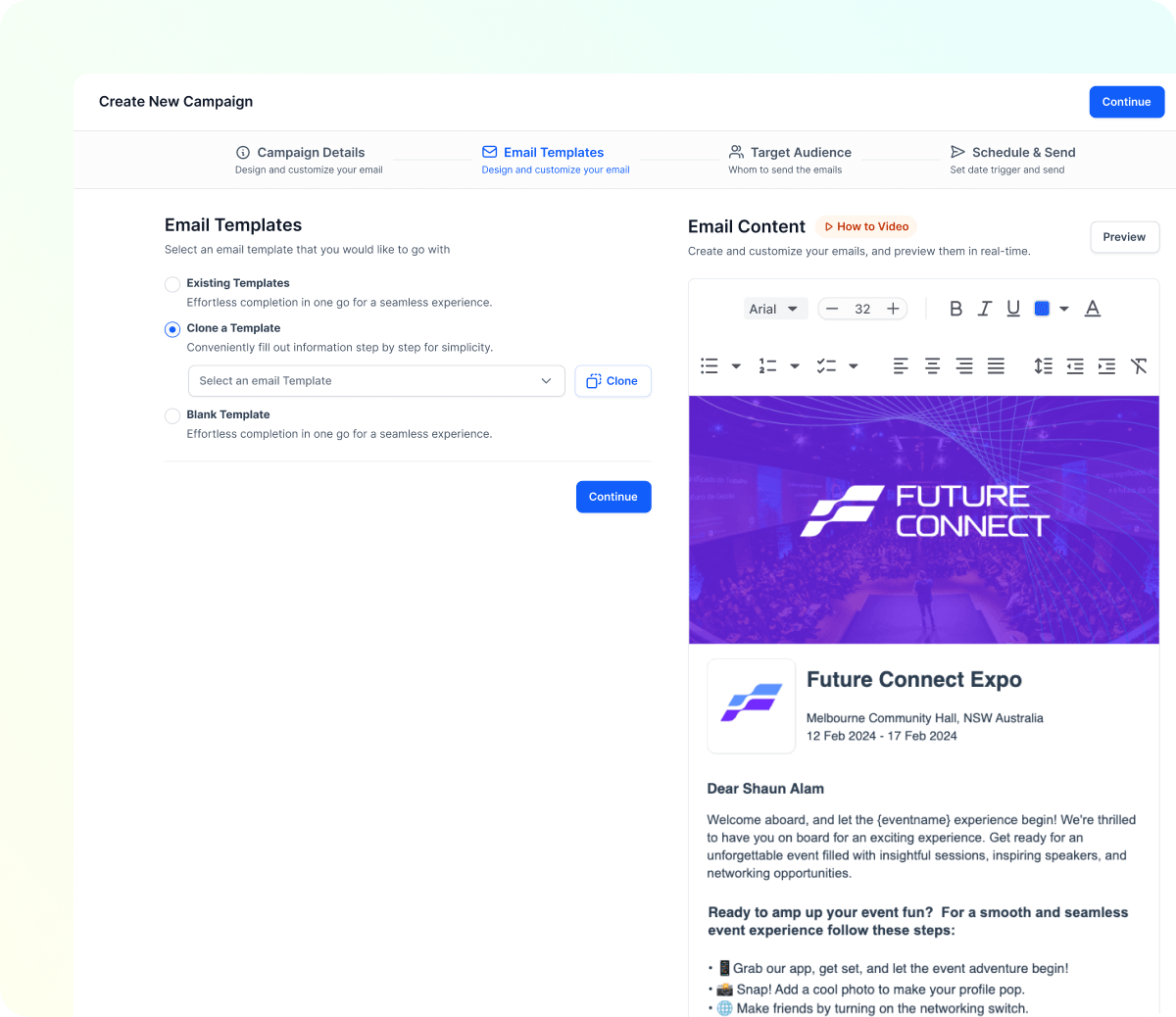 Dashboard interface for creating a new email campaign showing options to select or clone email templates and a preview of a Future Connect Expo invitation email.