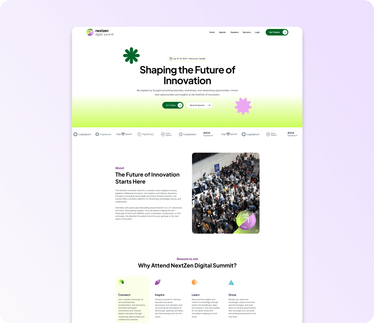 NextZen Digital Summit homepage highlighting event dates July 18-19, 2025 in Vancouver with sections about innovation, event benefits, and a crowd photo.