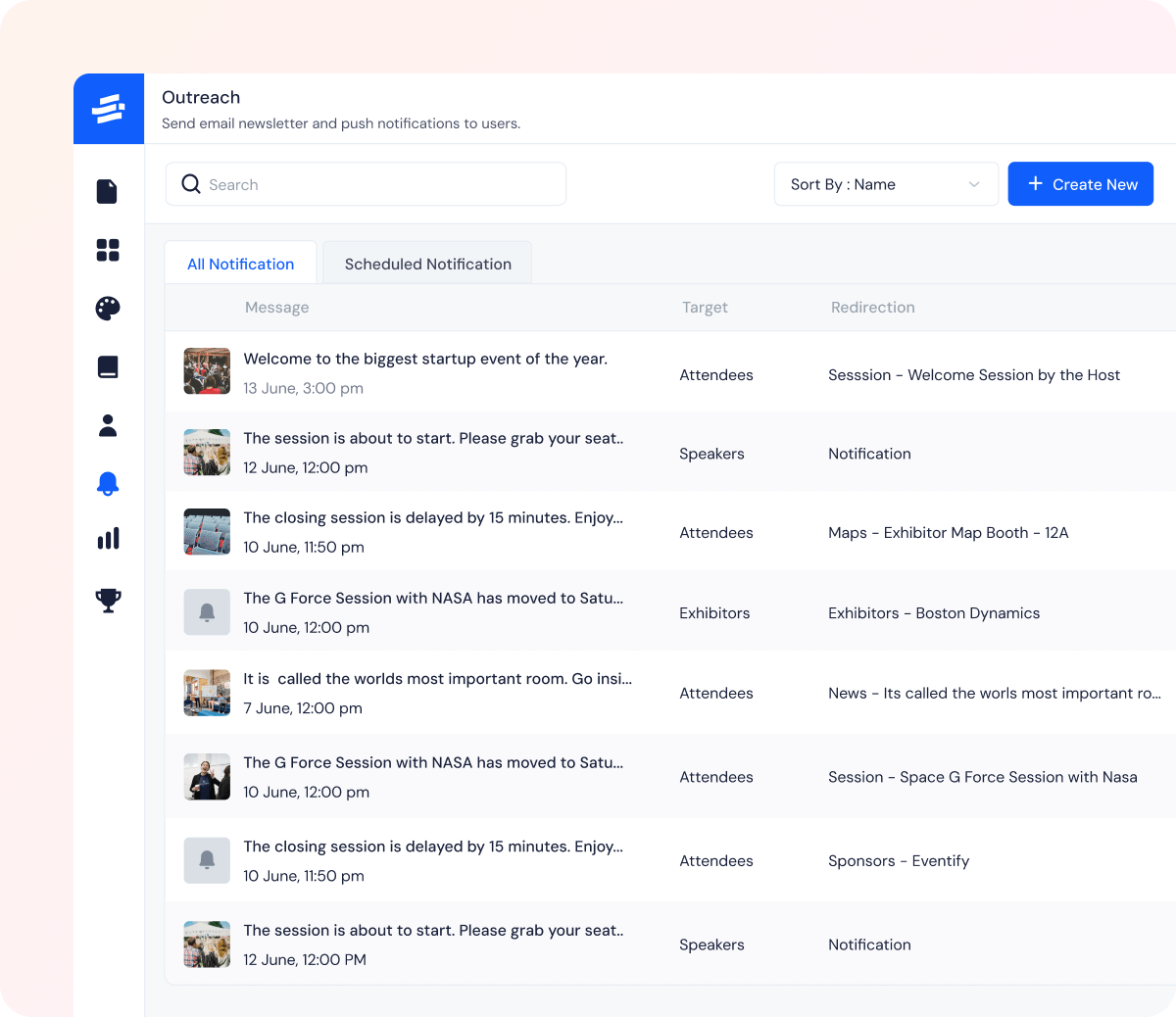 Email and push notification management interface showing a list of scheduled and all notifications with messages, targets, and redirections.