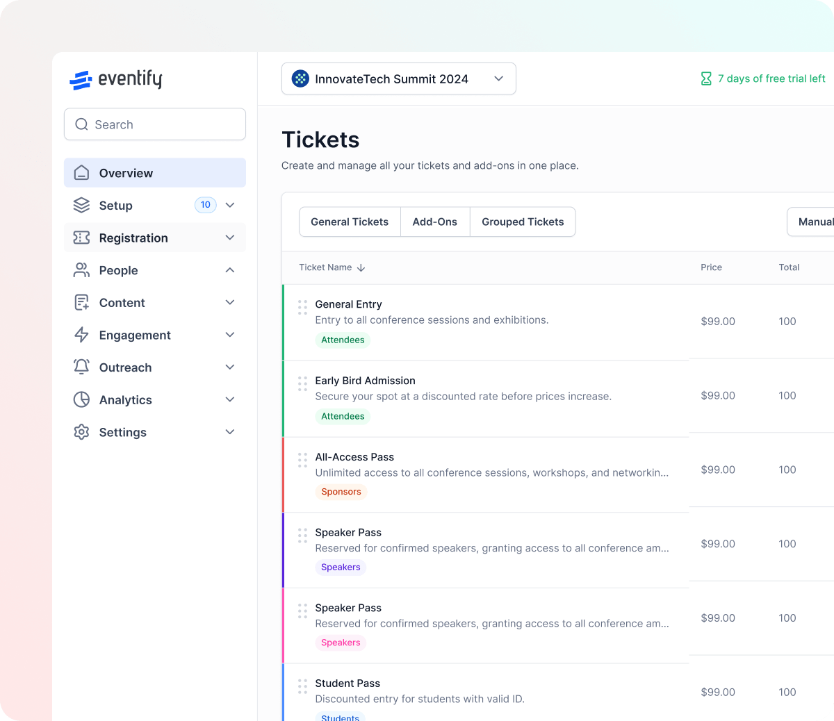 HOST ticket management interface for InnovateTech Summit 2024 showing ticket types with prices and quantities, including General Entry, Early Bird Admission, All-Access Pass, Speaker Pass, and Student Pass.