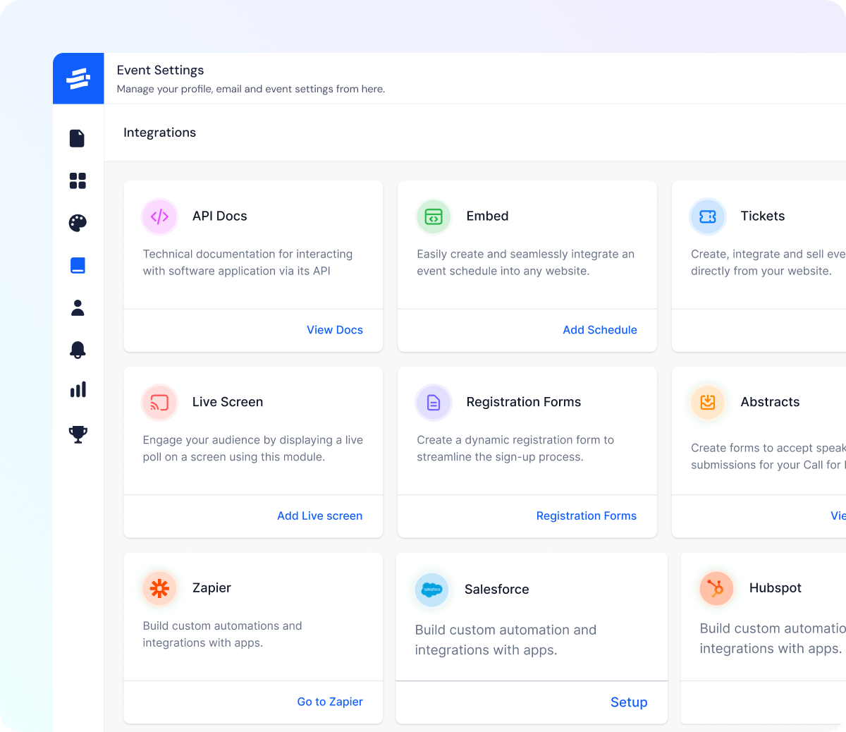 Event Settings dashboard showing integration options for API Docs, Embed, Tickets, Live Screen, Registration Forms, Abstracts, Zapier, Salesforce, and Hubspot with descriptions and action links.