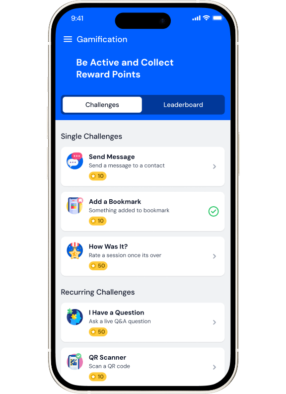 Mobile app screen titled Gamification with challenges to collect reward points, including sending messages, adding bookmarks, rating sessions, asking live questions, and scanning QR codes.