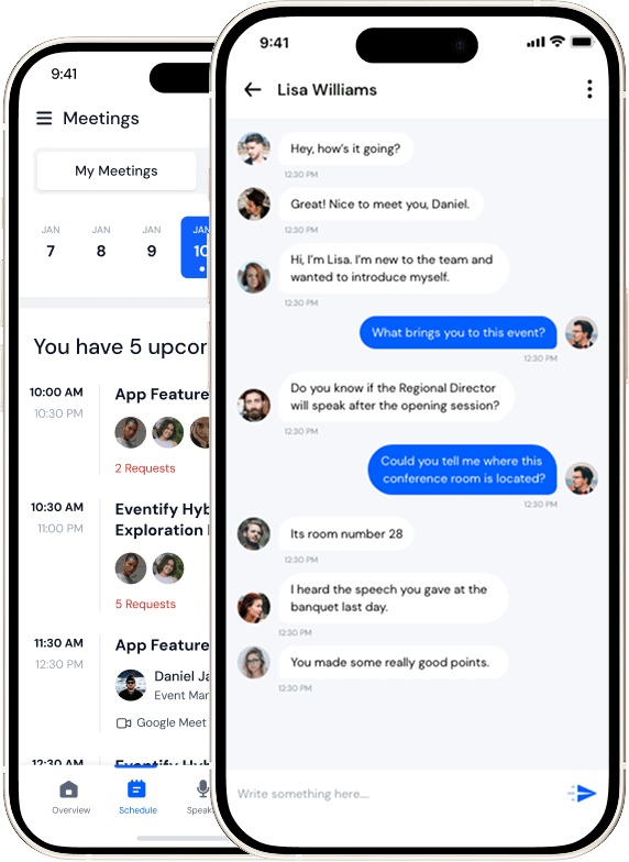 Smartphone screen showing a chat interface with messages between users discussing a conference room and event details, alongside another screen displaying a meeting schedule with upcoming events and request counts.