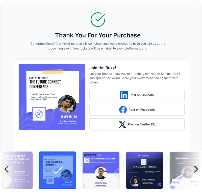 Thank you for your purchase confirmation with details about ticket email delivery and social share buttons for LinkedIn, Facebook, and Twitter (X).