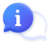 Two overlapping speech bubbles, one blue with a white information icon and one white behind it.