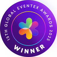 Purple circular badge with colorful abstract flower and text '15th Global Eventex Awards 2025 Winner'.