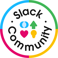 Slack Community logo with colorful icons of a heart, upward arrow, light bulb, and speech bubble inside a circular design.
